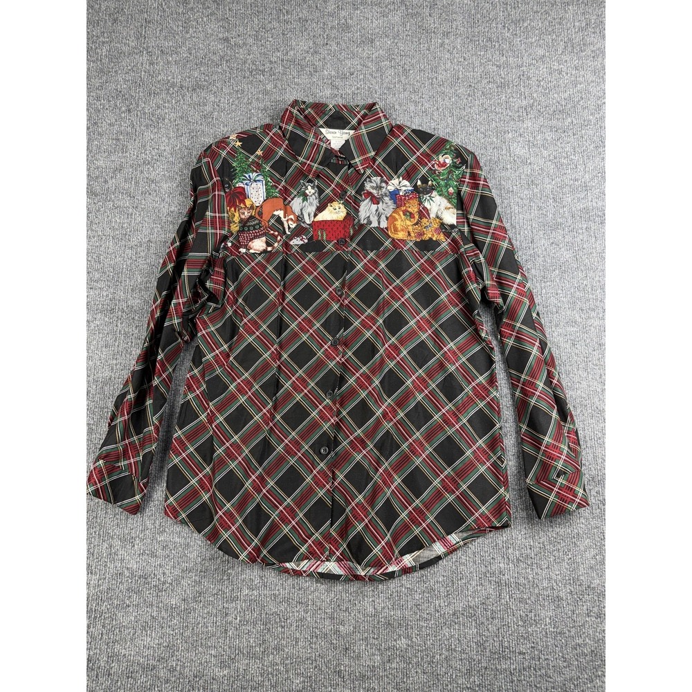 Vintage Sharon Young Shirt Womens 10 Plaid Christmas Holiday Cats Rayon 90s‎